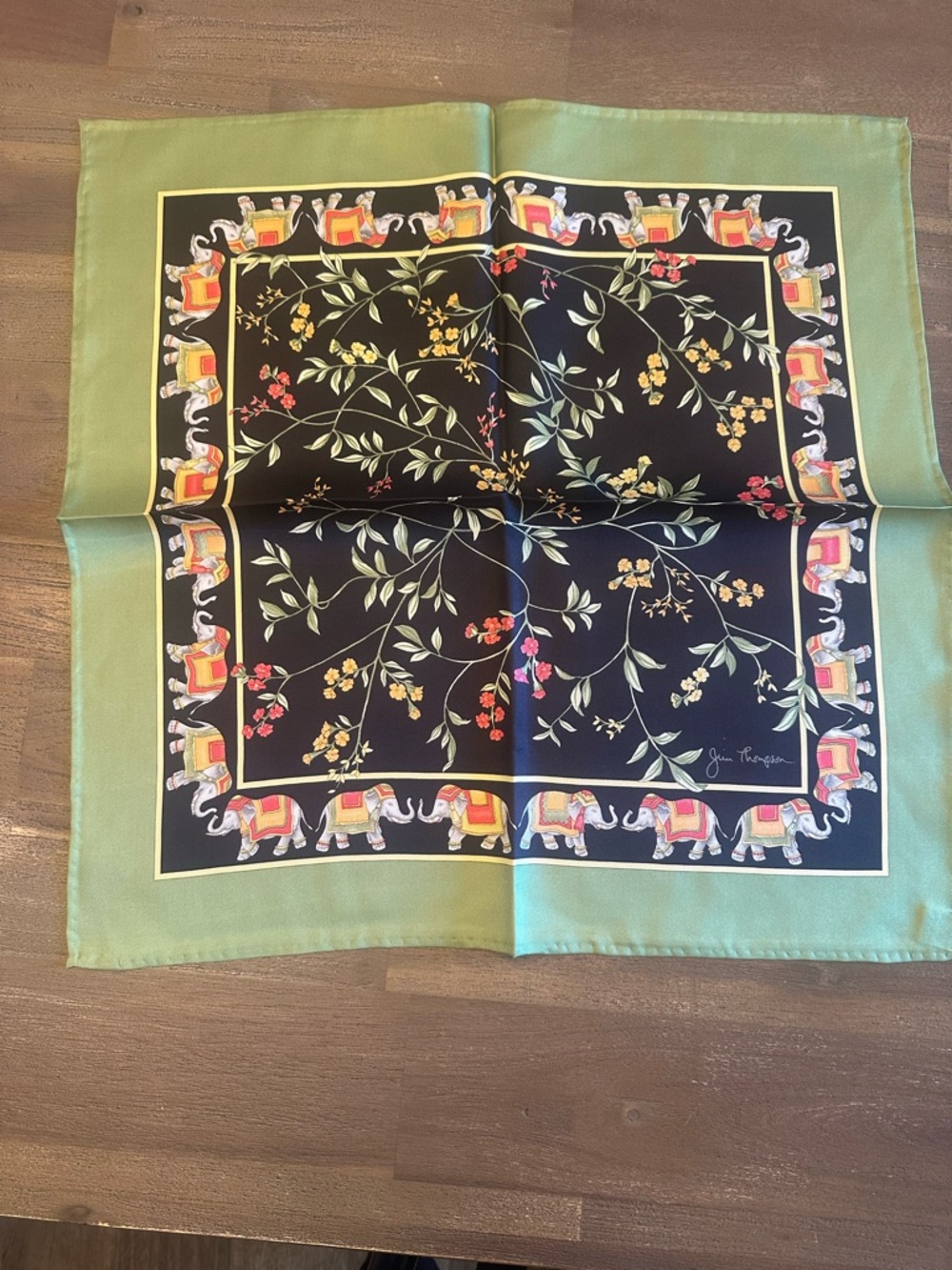 JIM THOMPSON Elephants  100% Silk Scarf 18"x18" Green Floral Hankerchief